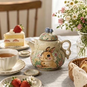 May include: A ceramic teapot featuring a hand-painted illustration of a brown bunny surrounded by colorful flowers. The teapot has a cream-colored base, a lid with a blue knob, and the text "To Riley" inscribed on the front surface.