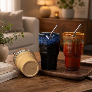 May include: Three ceramic tumblers with metal straws. One is light tan with a blue-grey rim, one is black with a deep blue top, and one is a warm orange-red with a yellow-brown rim. The tan tumbler has the name Lucy embossed on the base.