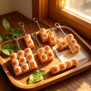 May include: A collection of bread-shaped keychains with silver key rings. The keychains feature a square or rectangular base with multiple square-shaped, orange-colored tops. The keychains are arranged on a wooden tray with a leaf.