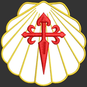 Broderad stryklapp med snäckskal, Camino de Santiago och kors, Order of Santiago