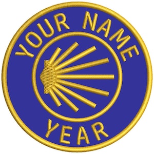 May include: A circular embroidered patch featuring a deep blue background with a gold border. In the centre is a gold scallop shell icon. The text YOUR NAME is arched across the top and the word YEAR is centred along the bottom in gold.