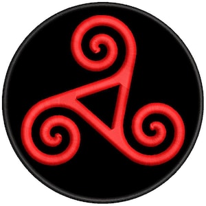 May include: A circular embroidered patch featuring a vibrant red triskelion symbol centered on a solid black background. The design consists of three interlocking spiral arms radiating from the center, finished with a black stitched border.