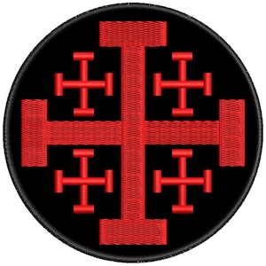 May include: A circular embroidered patch featuring a vibrant red Jerusalem cross design centred on a solid black background. The patch has a clean, stitched black border that defines the circular shape, highlighting the bold red cross emblem.