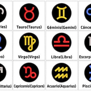 May include: Twelve embroidered zodiac symbols, each in a black circle. The signs are Aries, Taurus, Gemini, Cancer, Leo, Virgo, Libra, Scorpio, Sagittarius, Capricorn, Aquarius, and Pisces, with their names underneath.