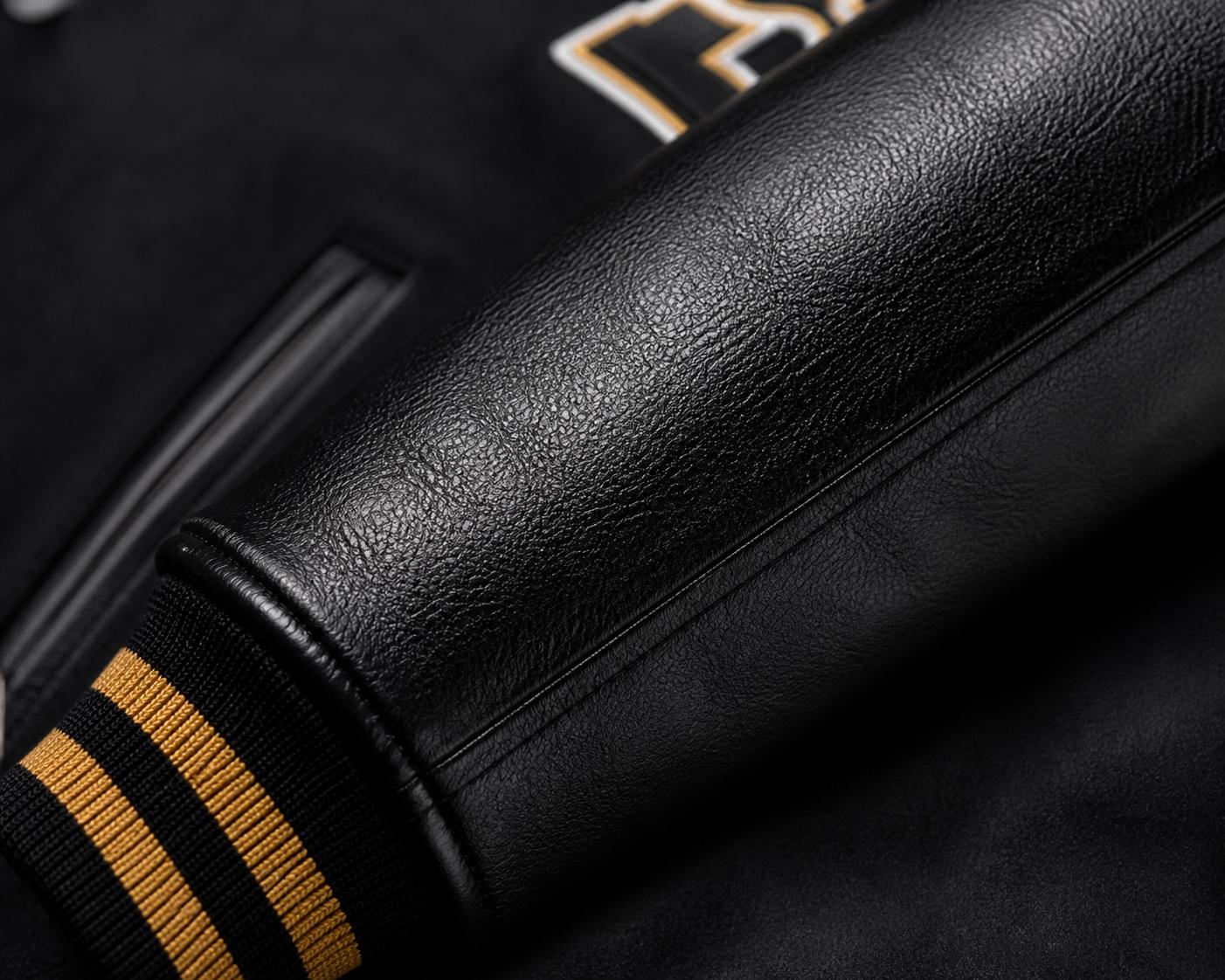 Black & Gold Varsity Jacket – Leather Sleeves, Embroidered Patches ...