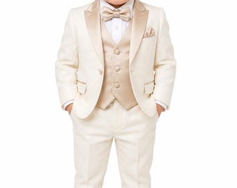Luxury Baby Boy Wedding Suit | 5 Piece Ring Bearer Tuxedo Set | Ivory Formal Outfit for Toddler | Baptism Birthday Party Gift
