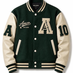 May include: A green and cream varsity jacket with the text "Amco Wear" and the number "10". The jacket has cream-coloured sleeves and a green body. The jacket has a button-up front and striped detailing on the collar, cuffs, and hem.