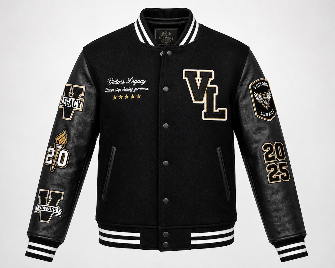 Black & Gold Varsity Jacket – Leather Sleeves, Embroidered Patches ...
