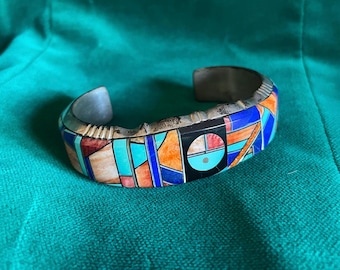 Navajo Alvin Yellowhorse heavy inlaid multi stone sterling silver cuff bracelet