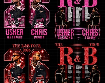 May include: A digital graphic design featuring The R&B Tour 2026 with Usher Raymond and Chris Brown. The layout includes portraits of both artists, tour dates, and large glittery text in pink and red against a black grid background.