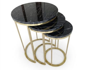 Set of 3 Nesting Tables with Black Marble Pattern, Round Gold Side Tables for Living Room, Handcrafted Coffee Table Set, Luxury Home Decor