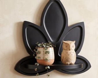 Carved Lotus Wood Wall Shelf, Boho Zen Floating Display for Crystals Plants