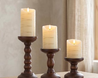 Rustic Wooden Pillar Candle Holders, Tall Farmhouse Candlestick Set for Mantle Shelf Table