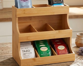 Bamboo Tea Bag Organizer, Vertical Display Box for Kitchen Countertop, 180 Pod Sugar Storage