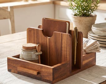 Acacia Wood Napkin Holder with Salt Pepper Caddy, Rustic Farmhouse Tabletop Dispenser Organizer