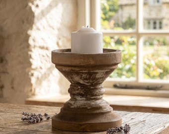 Distressed Wood Pillar Candle Holder, Rustic Farmhouse Table Centerpiece