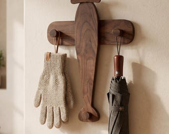 Airplane Shaped Walnut Kids Coat Rack Wall Mount, Wooden Hooks for Nursery Entryway Bathroom
