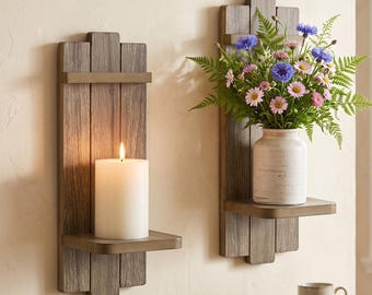 Rustic Wooden Wall Candle Sconces, Farmhouse Hanging Decor Shelf for Fireplace Mantel
