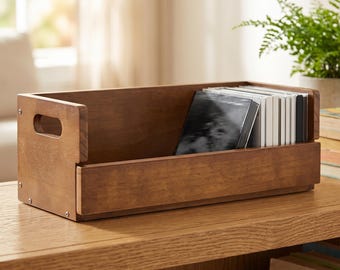 Wooden CD Storage Box with Handles, Stackable Magnetic Media Shelf