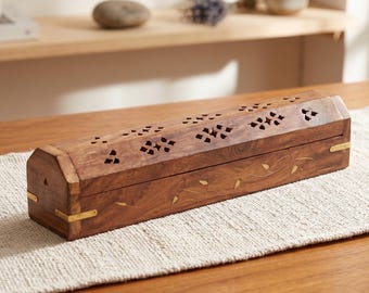 Inlaid Wooden Coffin Incense Burner 12 Inch, Brass Vines Design, Cone & Stick Incense Holder