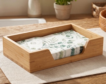 Natural Bamboo Guest Towel Napkin Holder, Side Opening Rectangular Farmhouse Bathroom Tray
