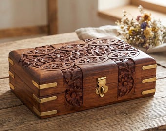 Carved Wooden Treasure Chest Jewelry Box, Floral Design Keepsake Storage, Small Trinket Gift Case