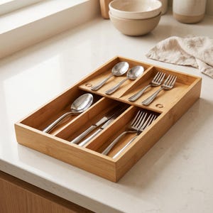 May include: A bamboo cutlery tray with multiple compartments, holding stainless steel spoons, forks, and knives. The tray is light brown and sits on a white countertop. The silverware is arranged neatly, showcasing a kitchen organization solution.