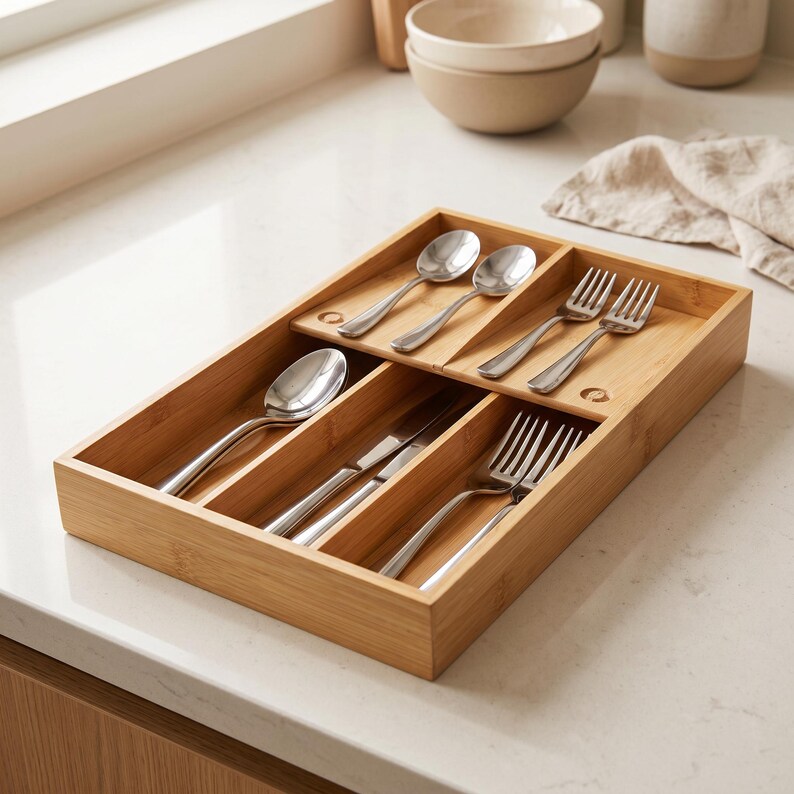 May include: A bamboo cutlery tray with multiple compartments, holding stainless steel spoons, forks, and knives. The tray is light brown and sits on a white countertop. The silverware is arranged neatly, showcasing a kitchen organization solution.