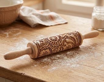 Laser Engraved 3D Rolling Pin, Paisley Snowflake Flower Pattern