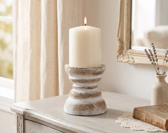 Distressed White Wood Pillar Candle Holder, Vintage Seaside Stand for Table Centerpiece