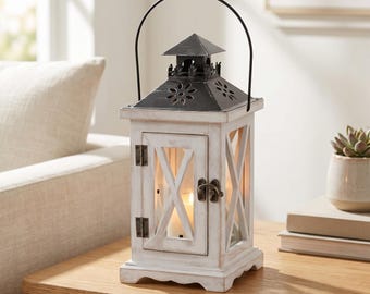 Rustic Wooden Lantern with Glass, Farmhouse Distressed White Candle Holder, Hanging or Tabletop