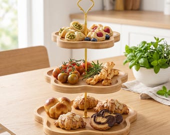 Flower-Shaped 3-Tier Bamboo Cupcake Stand, Rustic Tiered Serving Tray for Desserts Tea Party Wedding