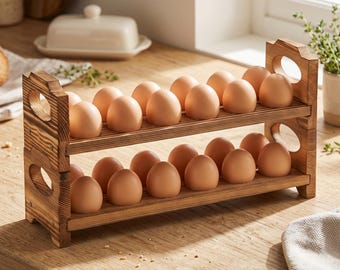 Stackable Wooden Egg Holder with Handle, Farmhouse Fresh Egg Rack for Countertop