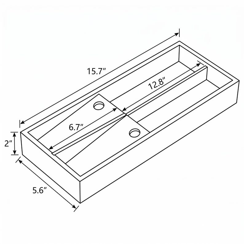 May include: A rectangular wooden box with a central divider and two angled supports. The box measures 15.7 inches long, 5.6 inches wide, and 2 inches high. The angled supports have two circular holes and are 6.7 inches long.