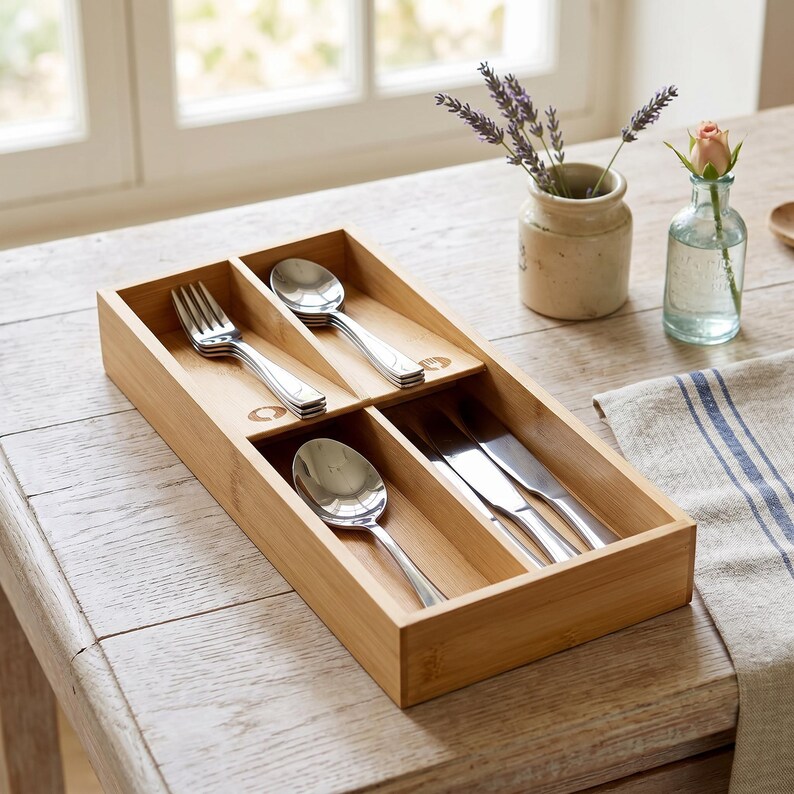May include: A bamboo cutlery tray with stainless steel forks, spoons, and knives. The tray is divided into four compartments and sits on a wooden table. A small vase with lavender and a glass bottle with a rose are in the background.