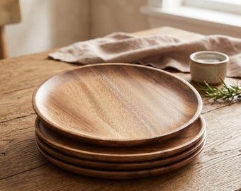 Acacia Wood Round Plates, Small Serving Dishes for Salad Fruit Dessert