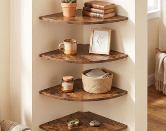 Rustic Round Corner Floating Shelf with Cord Hole, Wooden Wall Shelves for Small Spaces