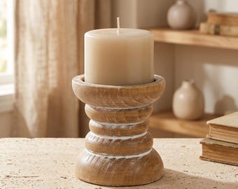 Distressed Wood Pillar Candle Holder, Small Farmhouse Candlestick for Table Centerpiece