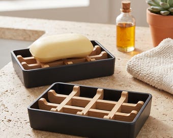 Bamboo Soap Dish with Removable Tray, Non-Slip Wooden Soap Holder for Shower Bathroom