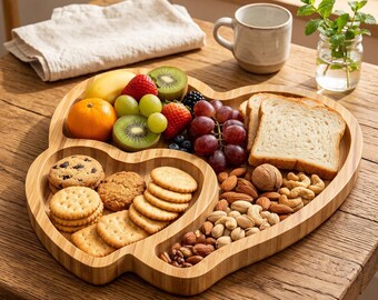 Bamboo Heart Shaped Serving Tray, Double Love Cheese Board Platter for Snack Fruit Dessert