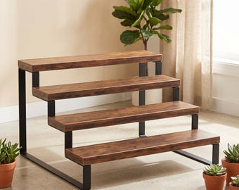 Rustic Wooden Tiered Display Riser with Metal Legs, Perfume Cupcake Organizer Stand