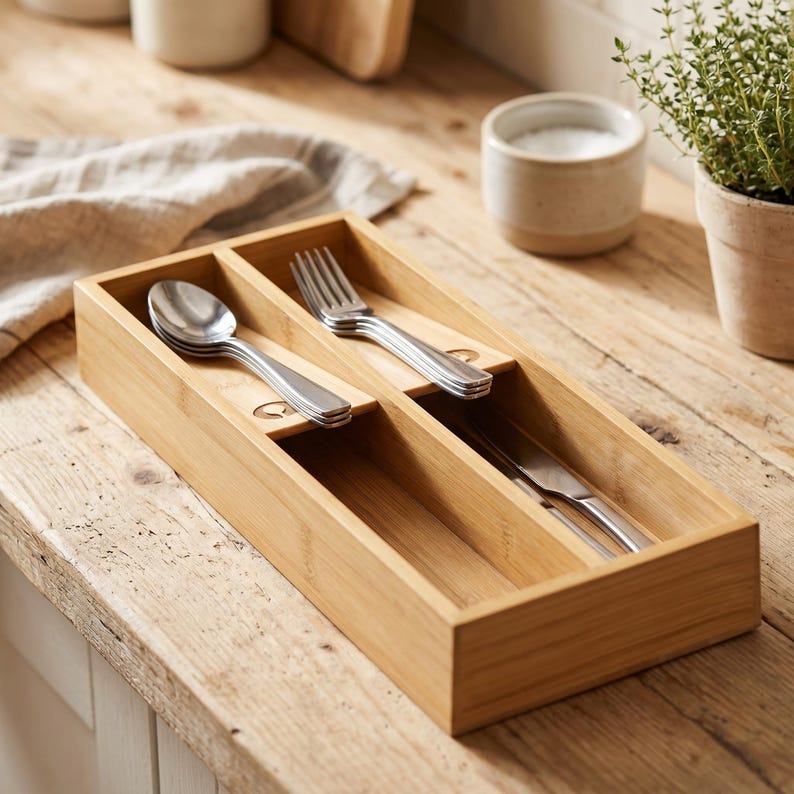 May include: A bamboo cutlery organizer with three compartments, holding a spoon, fork, and knife. The organizer sits on a wooden surface, with a salt cellar and potted herb plant in the background. The cutlery has a shiny, reflective surface.
