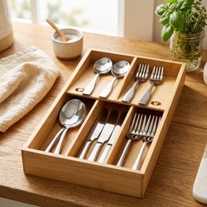May include: A bamboo cutlery tray with multiple compartments, filled with shiny silverware. The set includes spoons, forks, and knives, neatly organized for easy access. The tray is placed on a wooden surface, suggesting a kitchen or dining setting.
