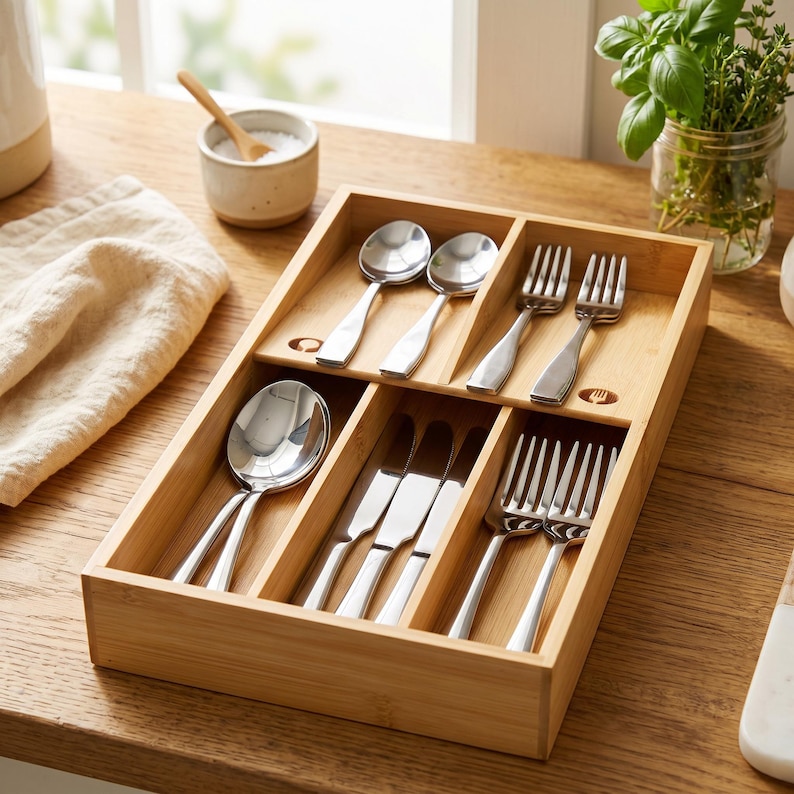 May include: A bamboo cutlery tray with multiple compartments, filled with shiny silverware. The set includes spoons, forks, and knives, neatly organized for easy access. The tray is placed on a wooden surface, suggesting a kitchen or dining setting.