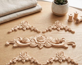 Wooden Rose Carved Appliques Onlays, Oak Decals for Door Cabinet Wall DIY Home Decor