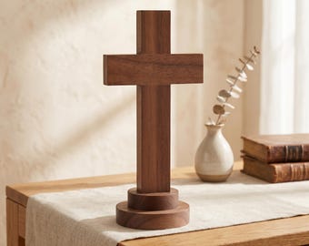 Natural Walnut Wood Cross with Stand, Religious Tabletop Crucifix Decor