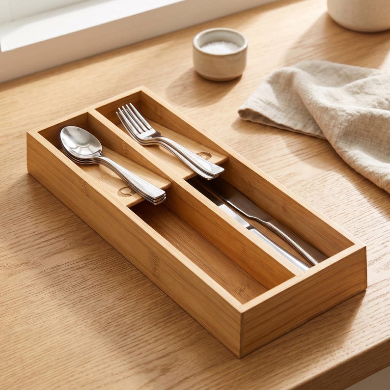 May include: A bamboo cutlery organizer with three compartments, holding a spoon, fork, and knife. The silverware is stainless steel. The organizer is on a light-colored wooden surface, with a small ceramic bowl and a linen cloth in the background.
