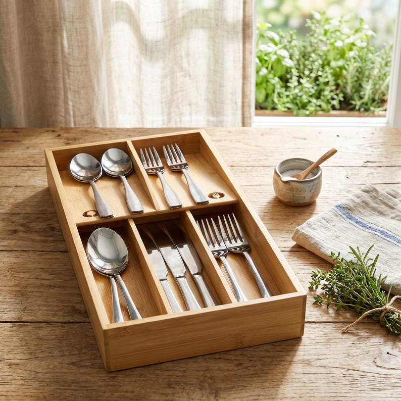 May include: A wooden cutlery organizer filled with stainless steel spoons, forks, and knives. The organizer sits on a wooden table, with a small ceramic bowl and a sprig of herbs nearby. The scene is lit by natural light.