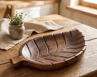 Natural Mango Wood Leaf Tray, Decorative Serving Platter for Breakfast, Kitchen Decor