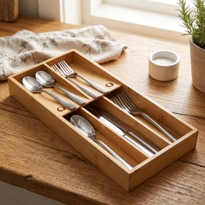 May include: A wooden cutlery organizer with stainless steel forks, spoons, and knives. The organizer is divided into compartments and sits on a wooden surface. A small white ceramic bowl is in the background.